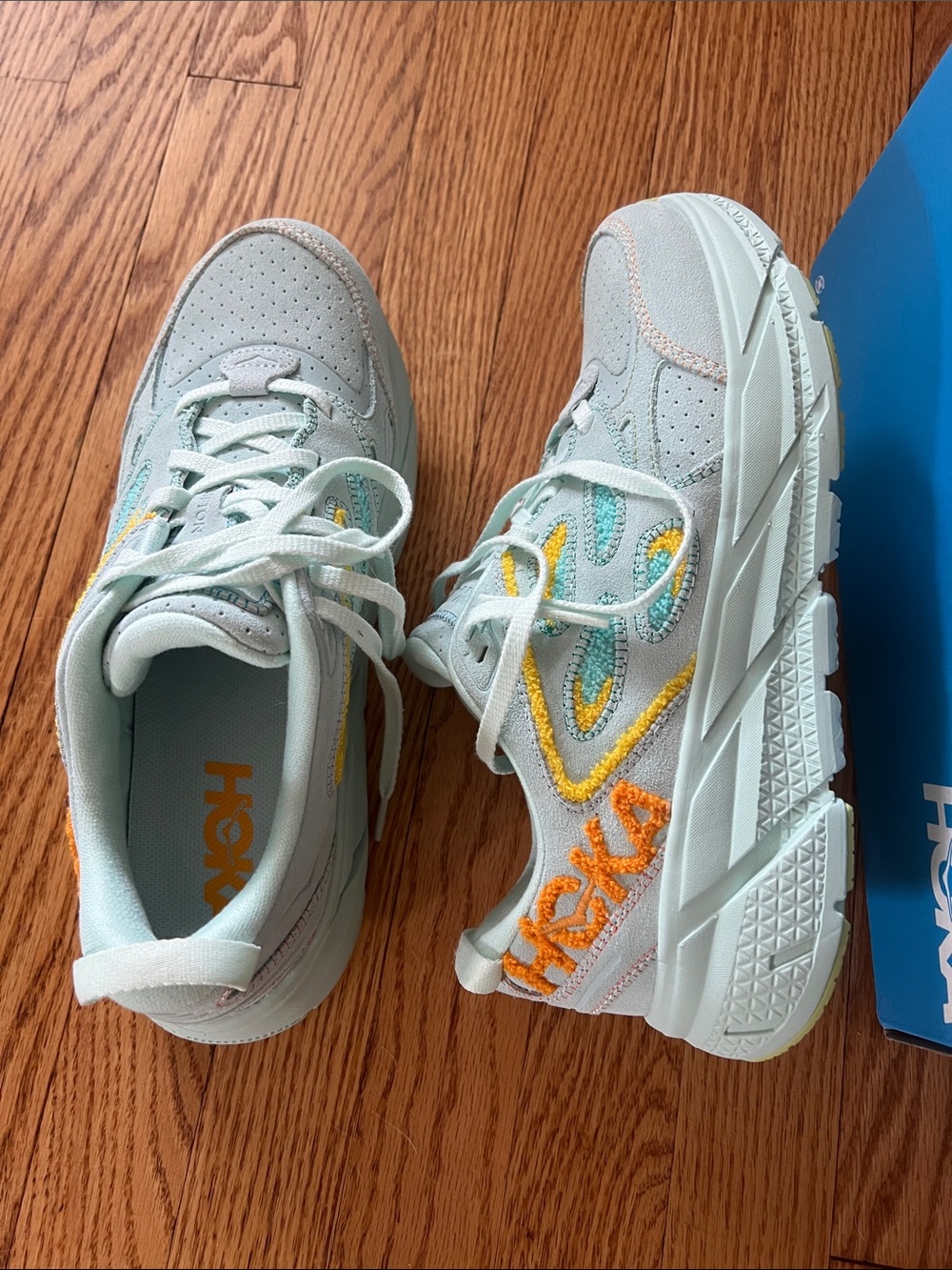 NWT NIB Hoka One One Clifton Limited Edition embroidery Shoes light blue orange